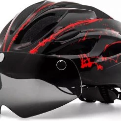 Korting ⌛ Zacro Fietshelm - Met Bril En Waarschuwingslampje - Nacht Veiligheidshelmen Fietshelm - Verstelbaar - Voor Volwassenen, MTB, Stadsfietsen - Rood En Zwart ????