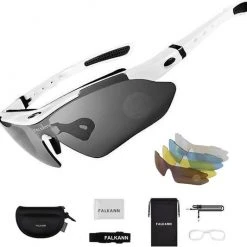 Uitgang ⌛ Falkann Basics - Fietsbril / Sportbril Set + 5 Verwisselbare Lenzen Incl. Gepolariseerde Lens - Wit 🥰