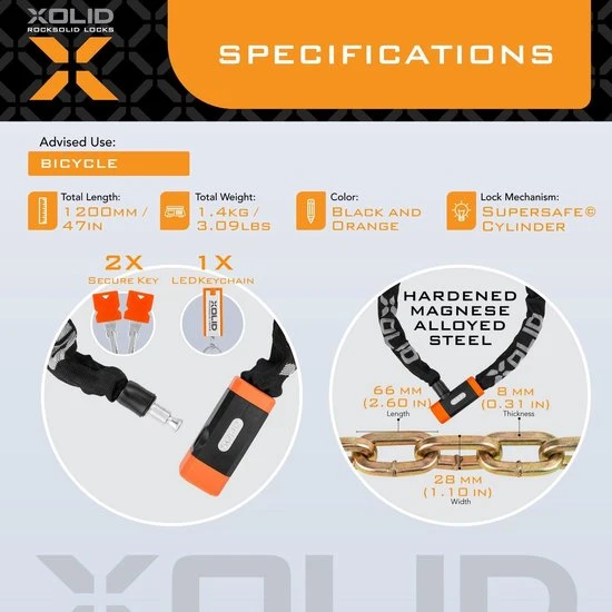 Uitgang ⌛ Xolid Kettingslot Fiets - Grijs Fietsslot Ketting - Slot 120CM ❤️ 3 Uitgang ⌛ Xolid Kettingslot Fiets - Grijs Fietsslot Ketting - Slot 120CM ❤️ - Afbeelding 3