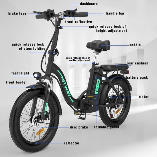 Gloednieuw ???? HITWAY E Bike Fat Tire Opvouwbare Elektrische Fiets, 250W/36V/11,2Ah Batterij, 20 Inch ❤️ 3 Gloednieuw ???? HITWAY E Bike Fat Tire Opvouwbare Elektrische Fiets, 250W/36V/11,2Ah Batterij, 20 Inch ❤️ - Afbeelding 3